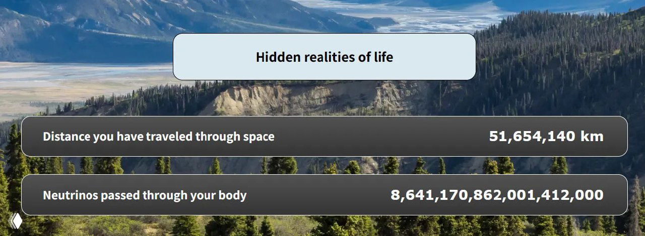 Нижняя часть интерфейса сайта с показателями «скрытых реалий жизни»: расстояние, пройденное телом, и количество нейтрино, проходящих через организм.