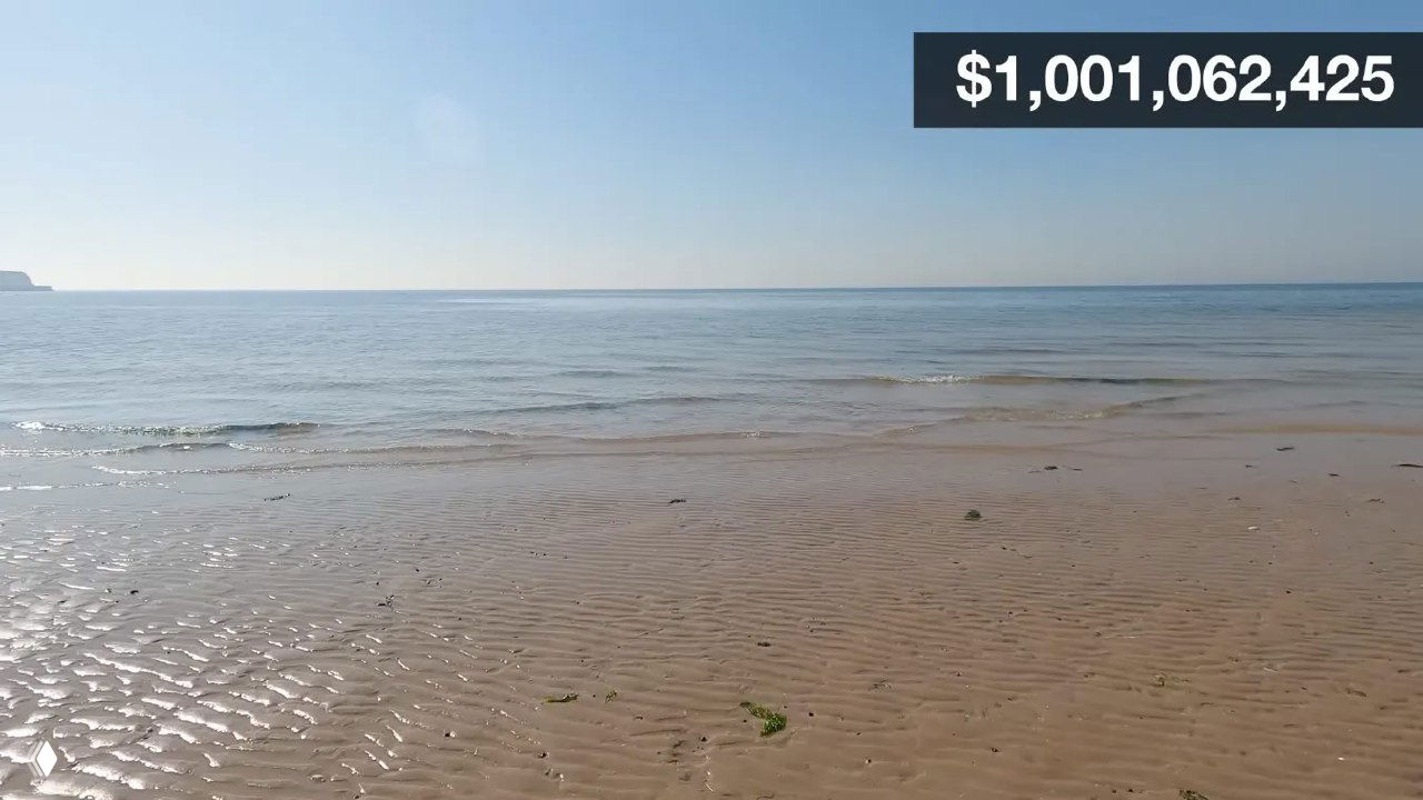 Побережье и море на фоне дневного неба; по диагонали кадра наложен графический счётчик суммы, иллюстрирующий рост высоты стопки в долларах до больших масштабов.