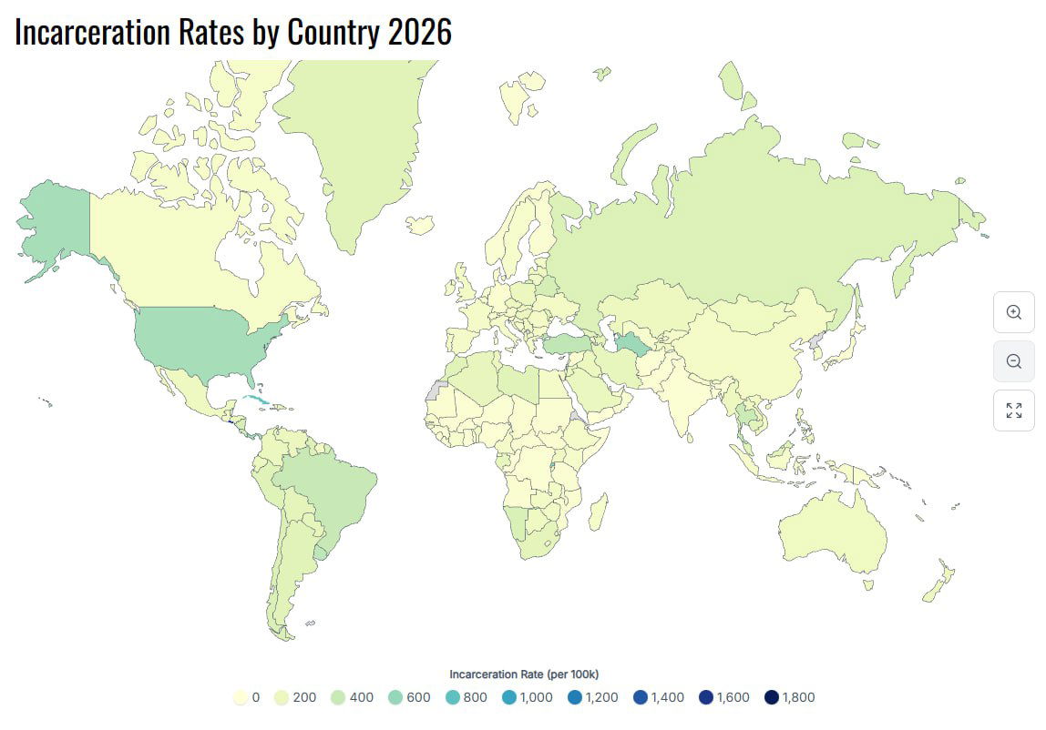 Число заключённых на 100 тысяч населения в странах мира, 2024