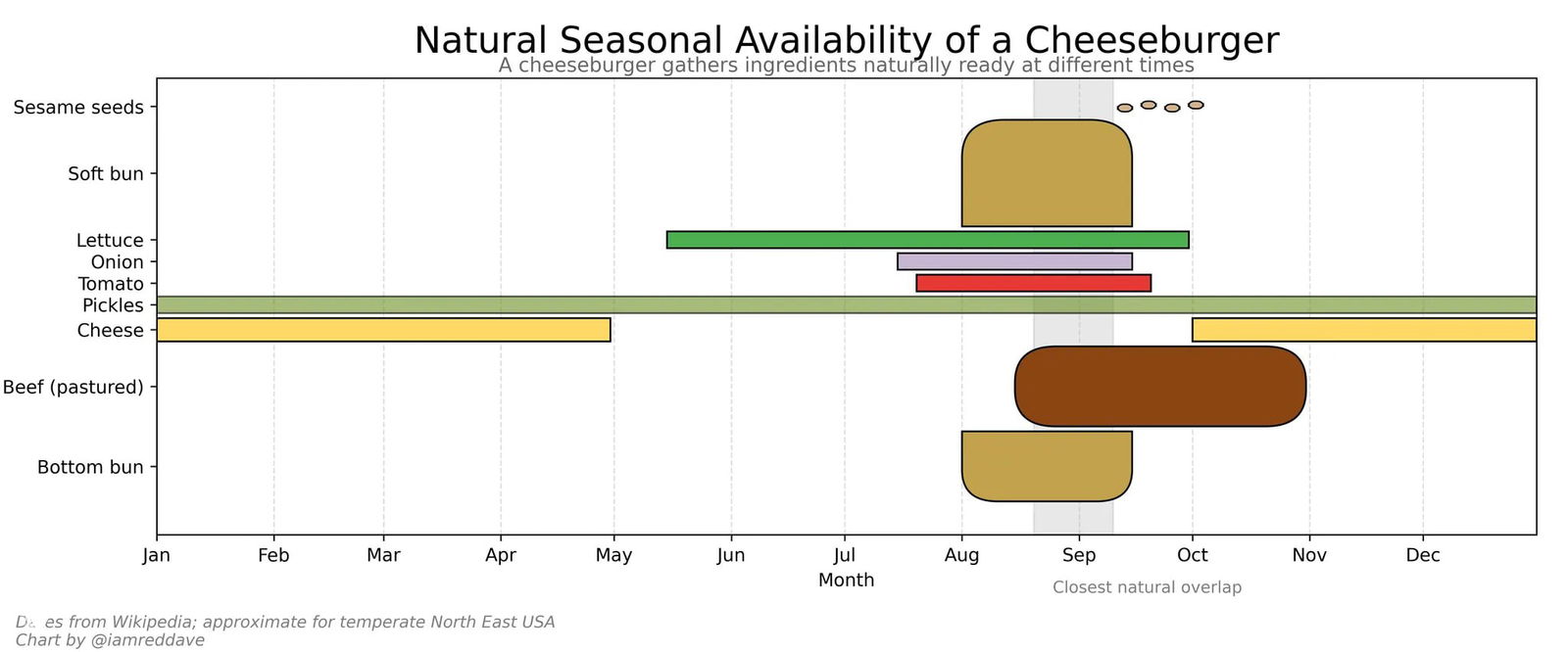 Диаграмма сезонной доступности ингредиентов для бургера по месяцам в умеренном климате (пример северо‑восток США), с пометкой пастбищной говядины.