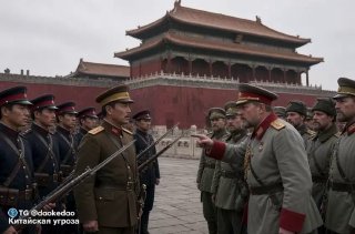Реконструкция исторической сцены: японские и русские солдаты в исторической форме на фоне ворот Запретного города; офицер указывает в сторону противника и группа стоит напротив