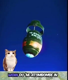 Коллаж: ночное небо с ярким арт‑объектом в форме бомбы с надписью на немецком языке; в левом нижнем углу добавлен стикер с котом.