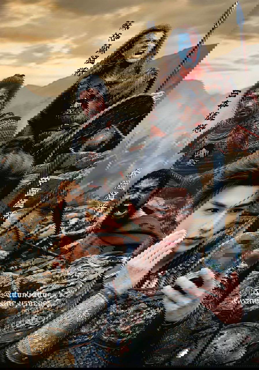 Коллаж: молодой китайский генерал в декоративных доспехах подправляет макияж на фоне эпической сцены битвы и суровых воинов.