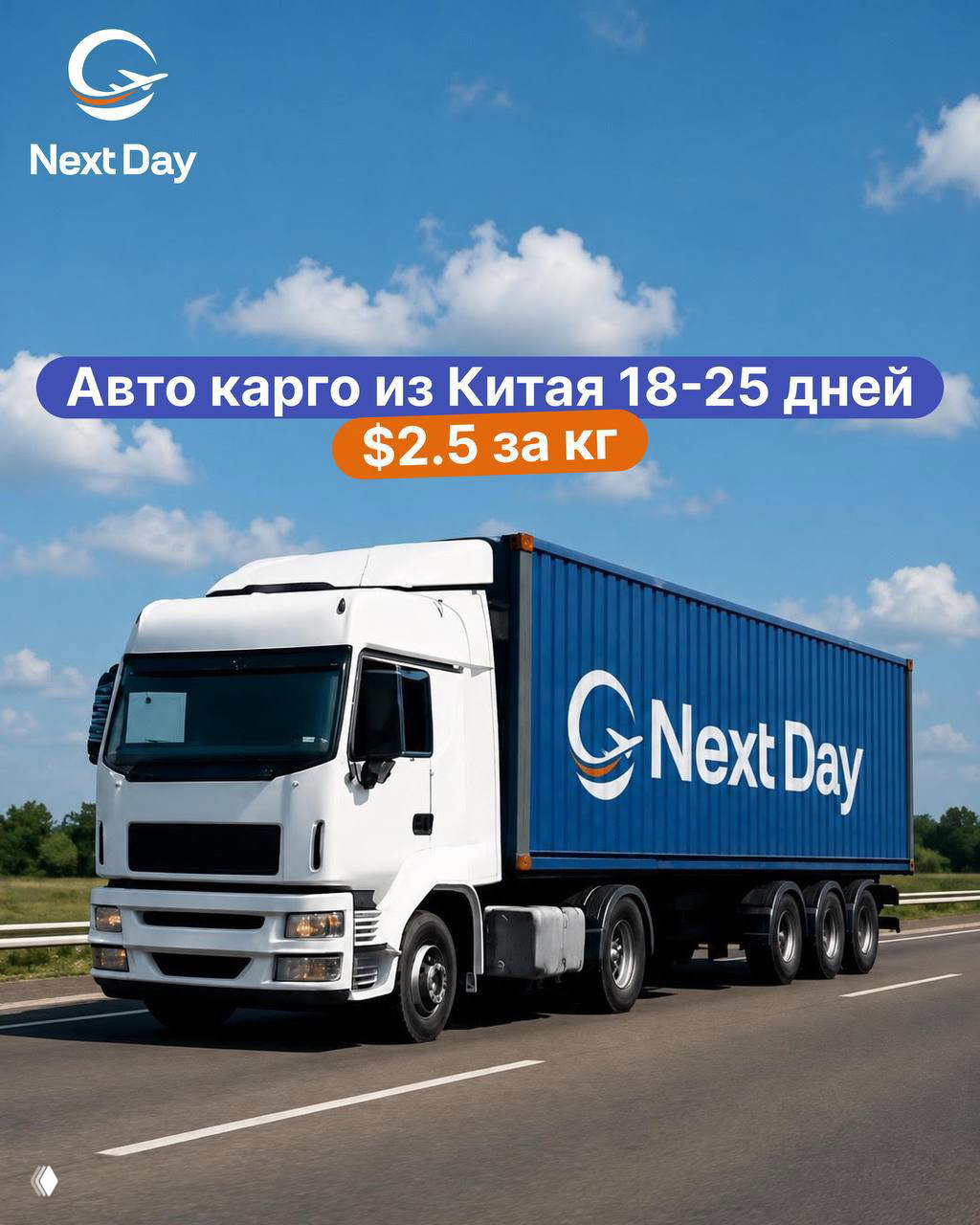 Авто карго из Китая: NextDay, 18–25 дней, от $2.5/кг