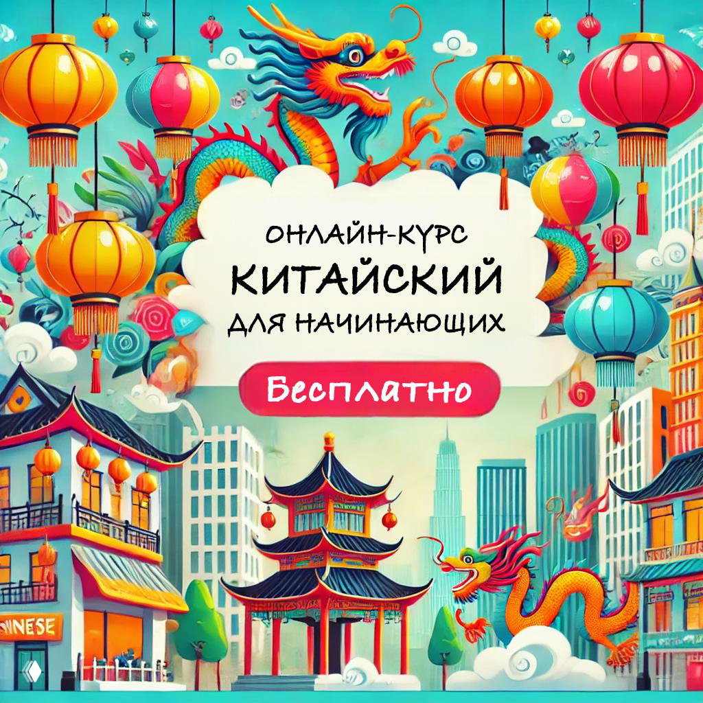 Яркая рекламная иллюстрация с китайскими фонарями, драконами и пагодой, баннер «Китайский для начинающих — бесплатно» для онлайн‑курса.