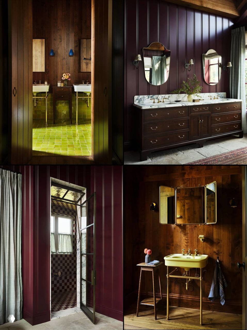 Коллаж ванных комнат и туалетов с темными деревянными панелями, зелёной плиткой и ретро‑раковинами — разнообразие отделки в нескольких санузлах дома.