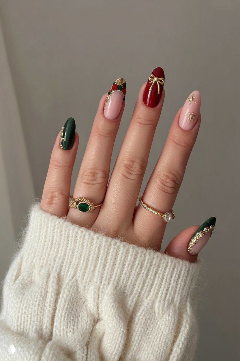Минималистичный маникюр с комбинацией изумрудного и бордового оттенков, тонкими золотыми украшениями и аккуратным дизайном на кончиках.