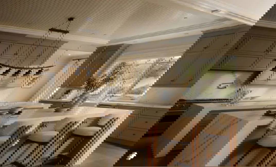 Современная кухня особняка в Хидден-Хиллз: мраморный остров, барные стулья, подвесные лампы, встроенная техника и большие окна с видом на участок.