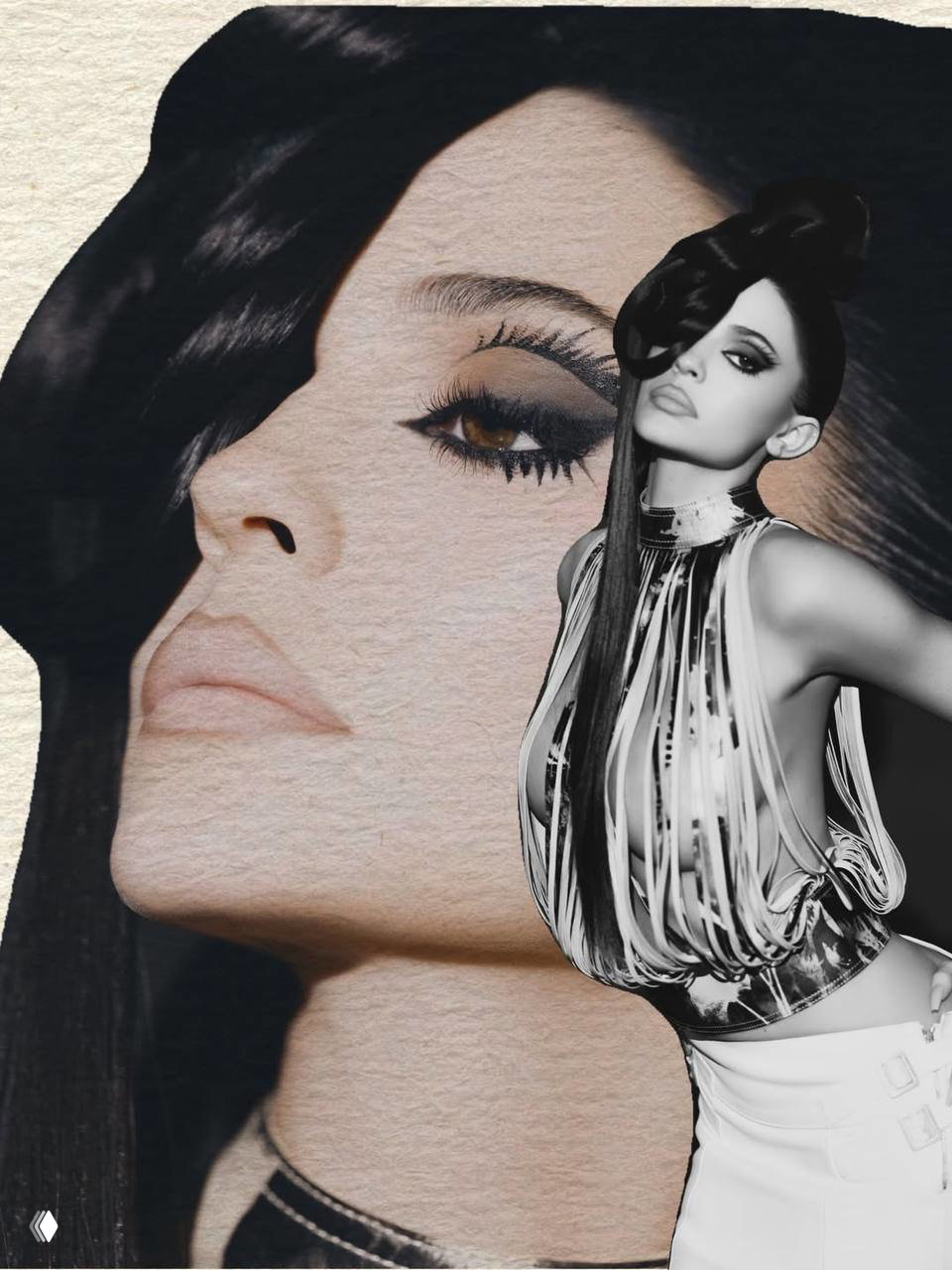 Коллажный портрет модели на фоне крупного профиля лица, художественная студийная обработка и ретро‑образ для модного материала.