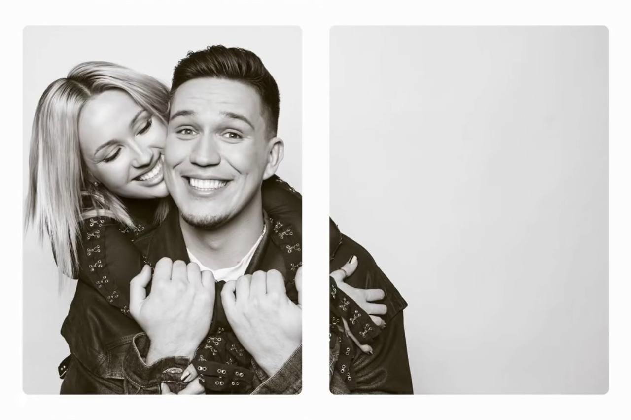 Клава Кока обнимает Дмитрия Масленникова на чёрно‑белом снимке; кадр тёплый и игривый, пара позирует вместе для промо‑альбома.