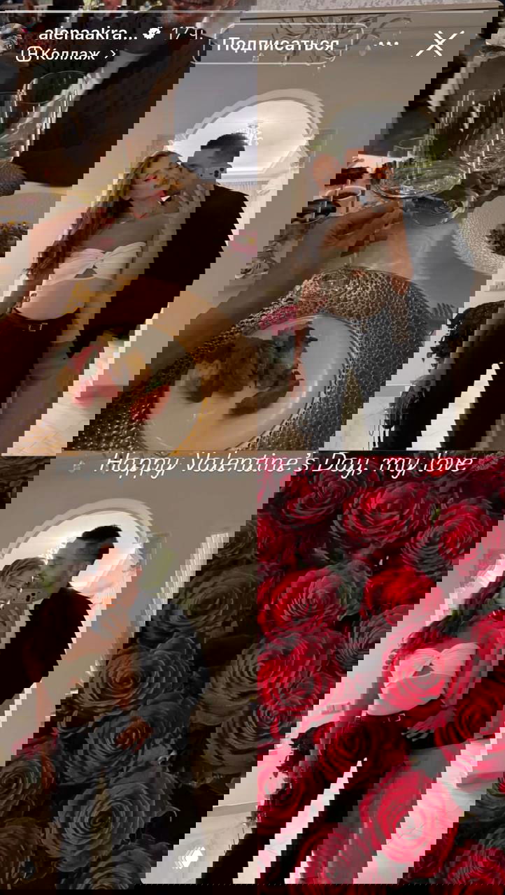 Коллаж сторис: пара во время романтического ужина — бокалы, тарелка с блюдами, объятия и крупный план букета красных роз.