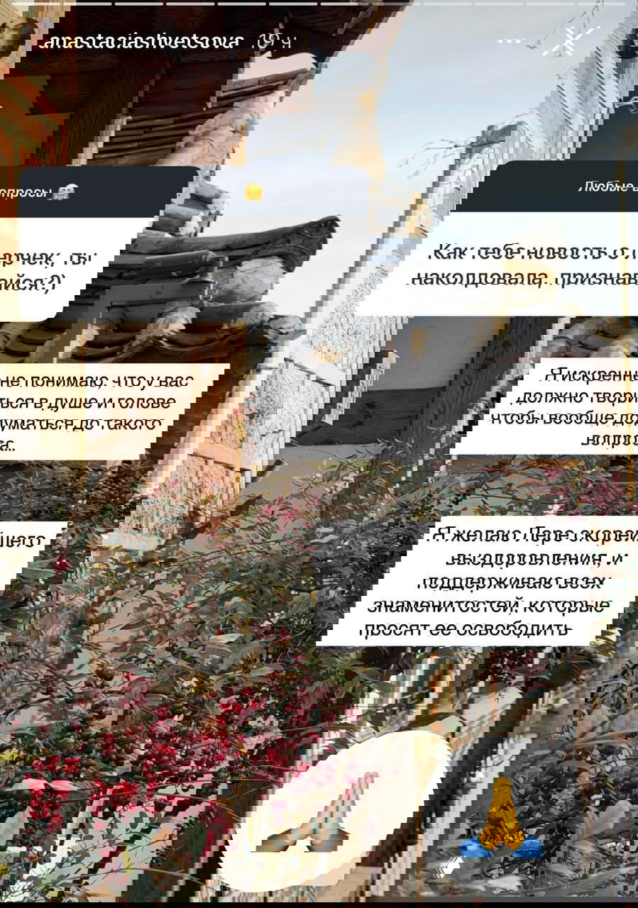 Скрин истории Instagram с текстом поддержки Лерчек и эмодзи молитвы на фоне дома и кустов с красными ягодами.