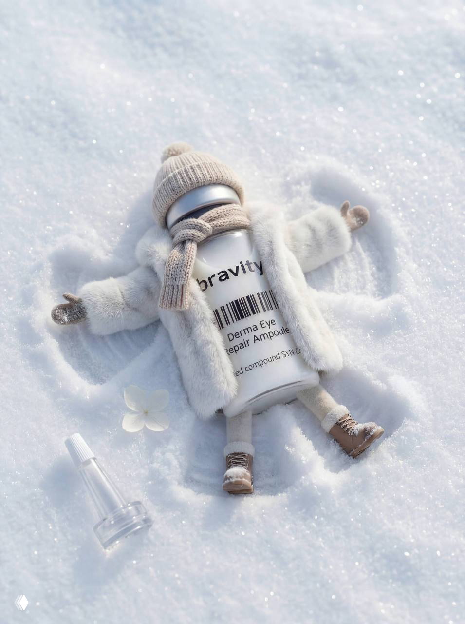 Флакон Bravity в образе куклы лежит в снегу с зимним пальто и шапкой; рекламная фотография патчей и сыворотки для глаз.