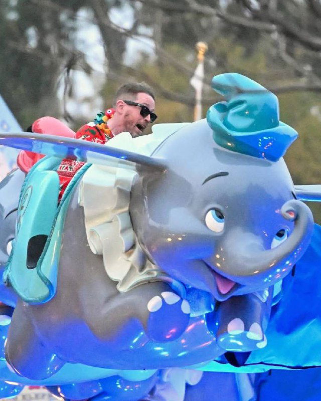 Маколей Калкин едет на аттракционе «Дамбо» в Диснейленде, видно крупное изображение слоника и атмосферное праздничное освещение.