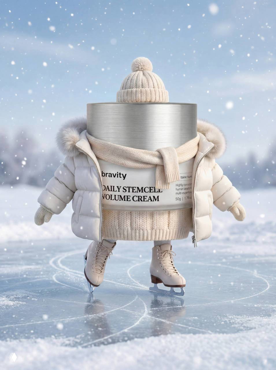 Баночка Daily Stem Cell Volume Cream в шапке и свитере на заснеженном катке; креативный рекламный образ бренда Bravity.