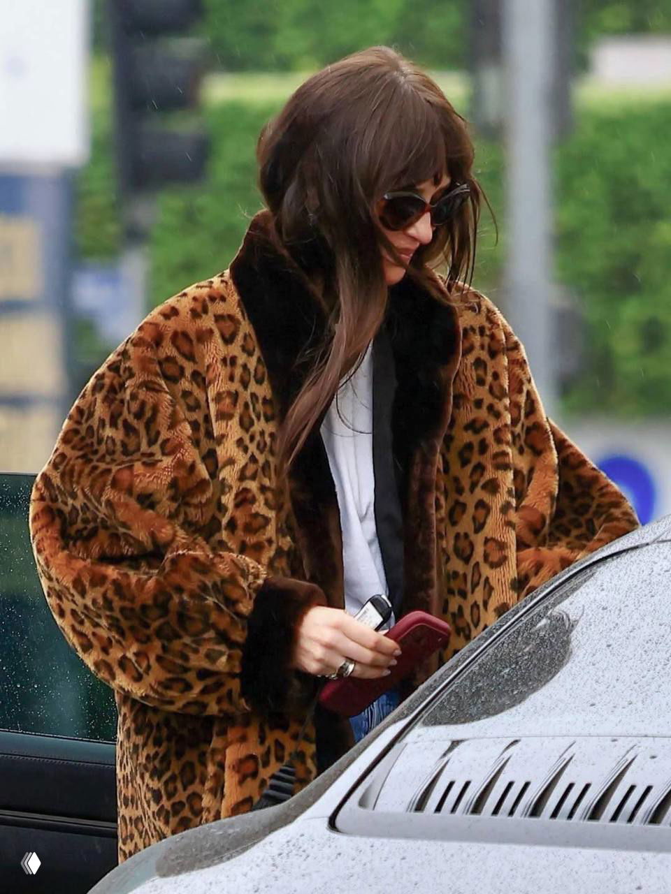 Боковой ракурс: Дакота Джонсон открывает дверь машины, видно внутренний воротник шубы и детали образа на фоне дождливой улицы.