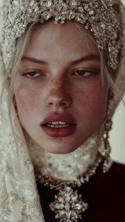 Портрет в духе Slavic Core: девушка в богато украшенном традиционном кокошнике и жемчужных украшениях, мягкий художественный свет и текстура кожи.