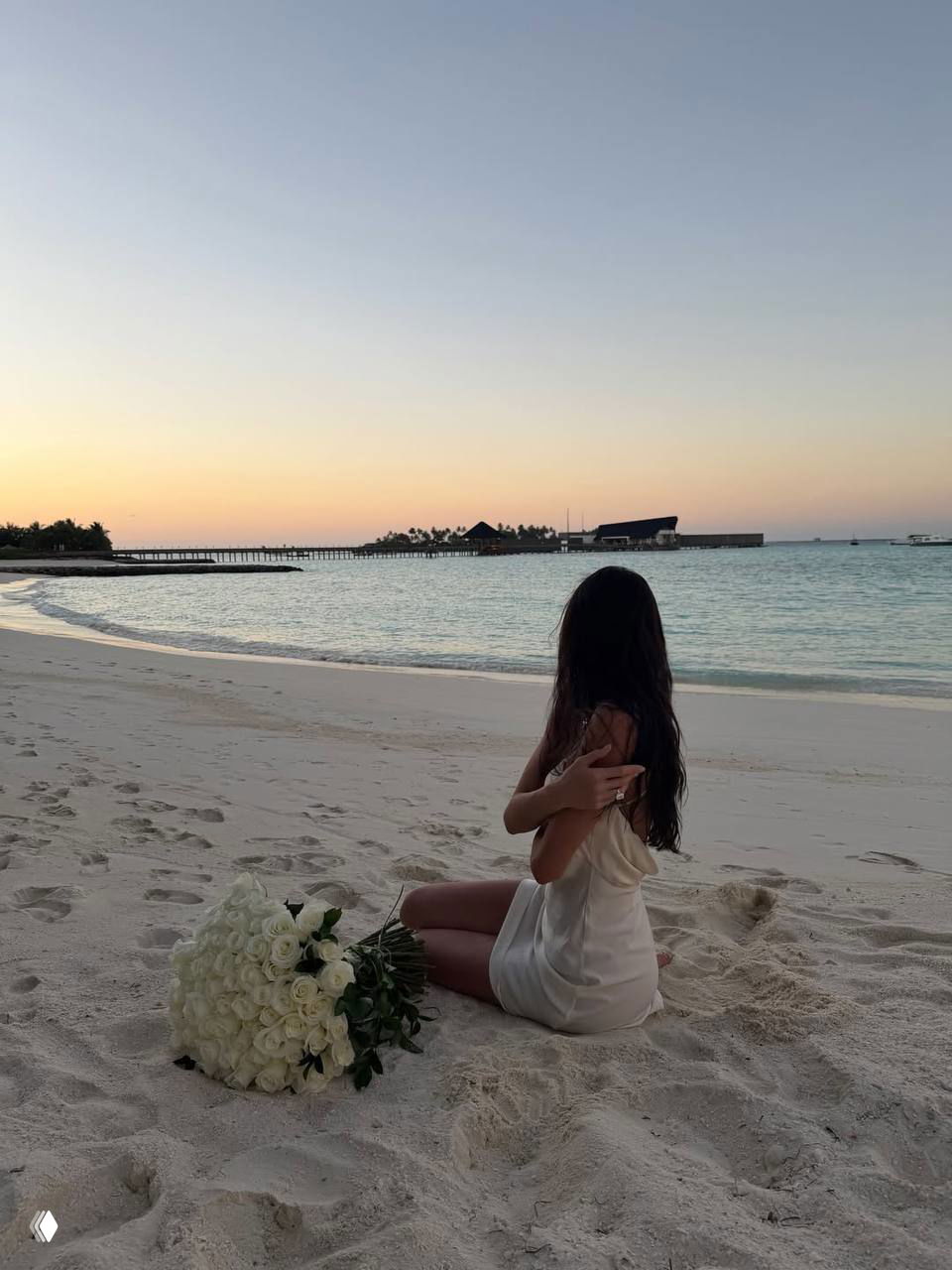 Силуэт женщины в белом платье, сидящей на берегу у большого букета роз; на горизонте — причал и спокойный морской пейзаж при закате.