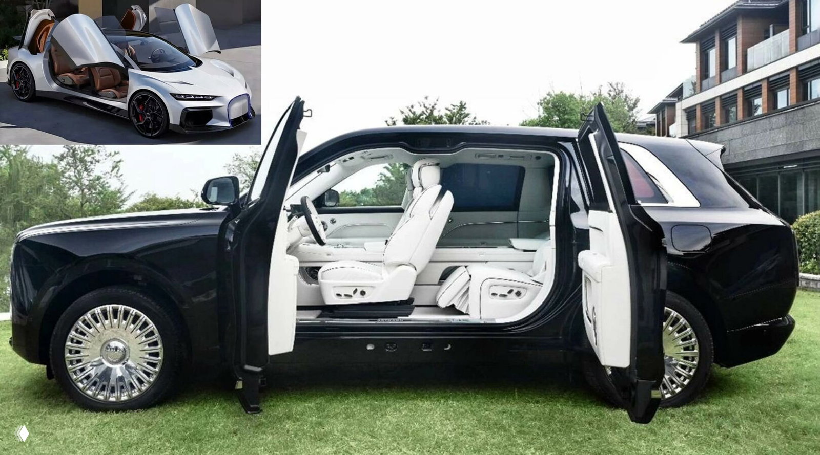 Чёрный люксовый седан с распахнутыми дверями и белым интерьером, показан профиль и салон автомобиля на зелёной лужайке.