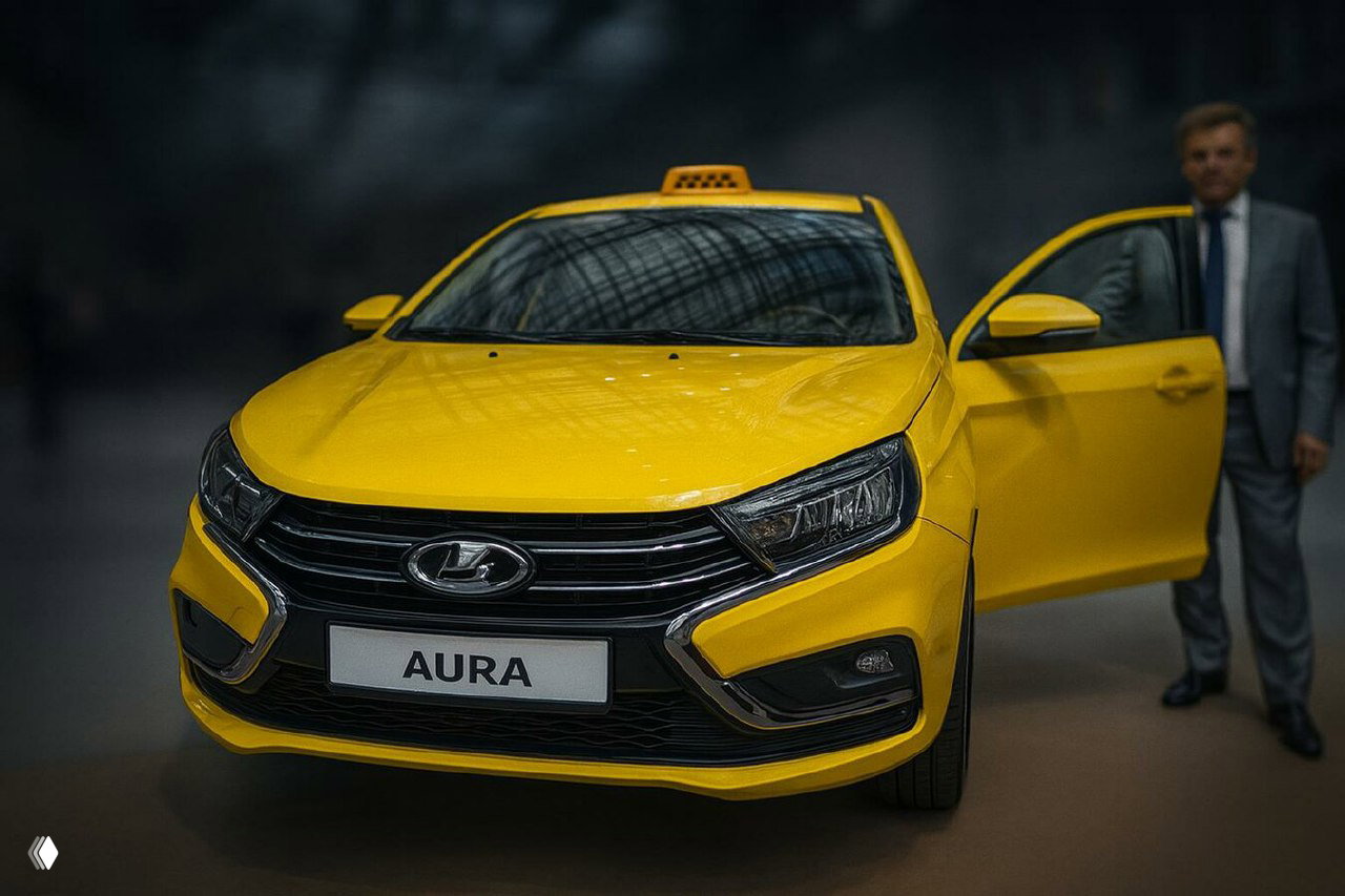 Жёлтый автомобиль с шильдом AURA и плафоном такси на крыше, сцена выставки с человеком в костюме рядом.