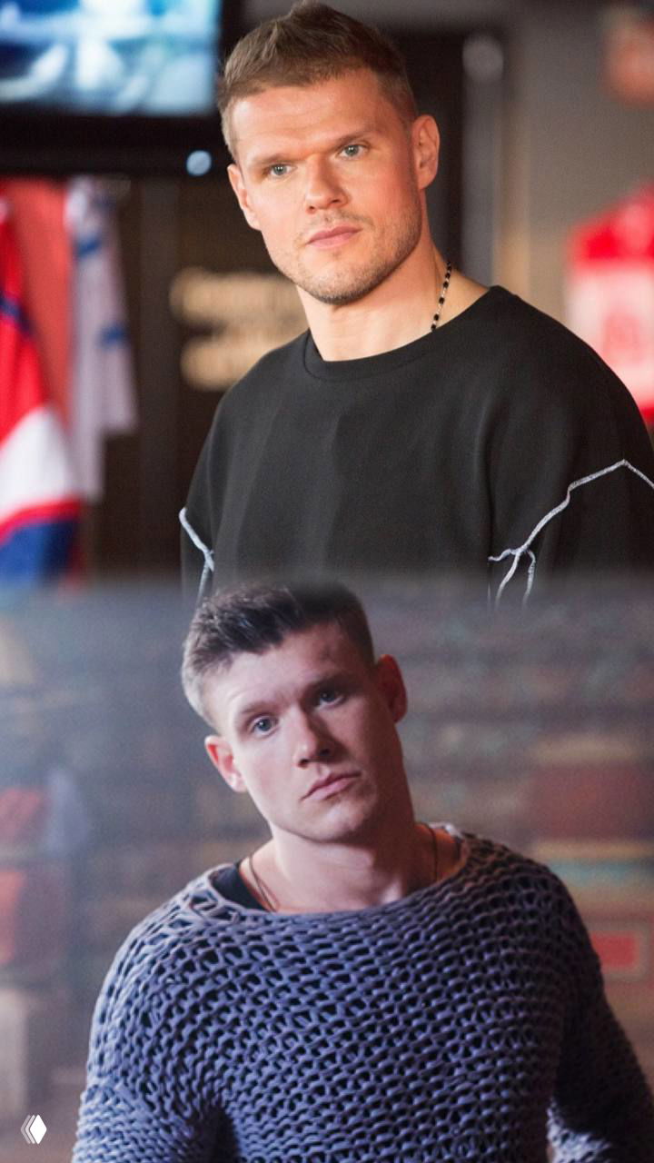 Коллаж из двух кадров: крупный план мужчины в тёмном свитере и другой мужчина в сетчатом свитере — сравнение внешности.