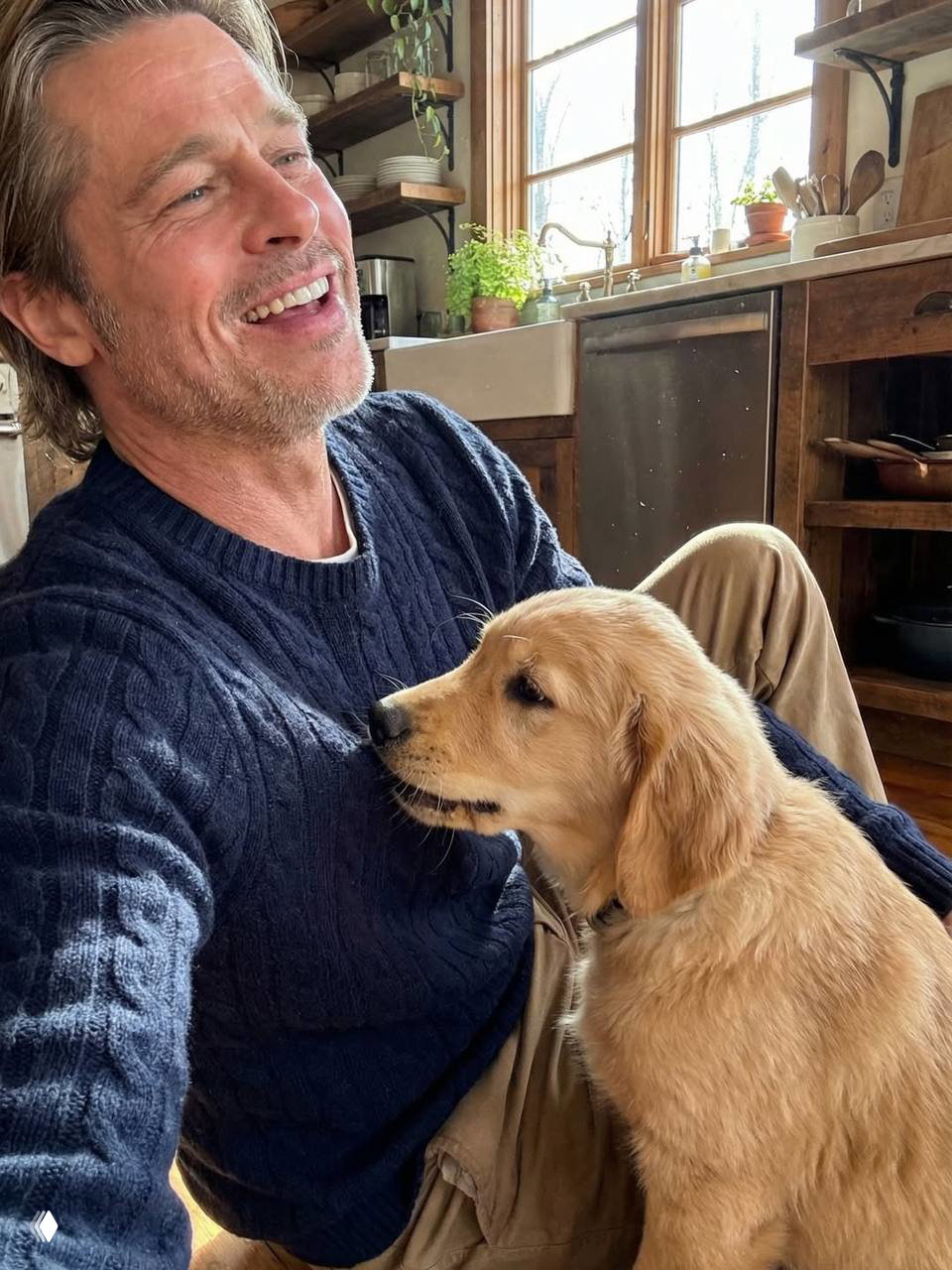 Мужчина в тёмном свитере улыбается и сидит рядом с внимательным золотистым щенком у кухонного окна; домашняя, светлая обстановка.