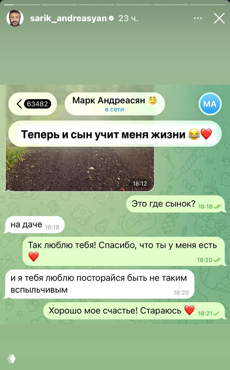 Скриншот сторис в Instagram и фрагменты переписки в мессенджере с подписью «Теперь и сын учит меня жизни», демонстрирующие тёплые слова.
