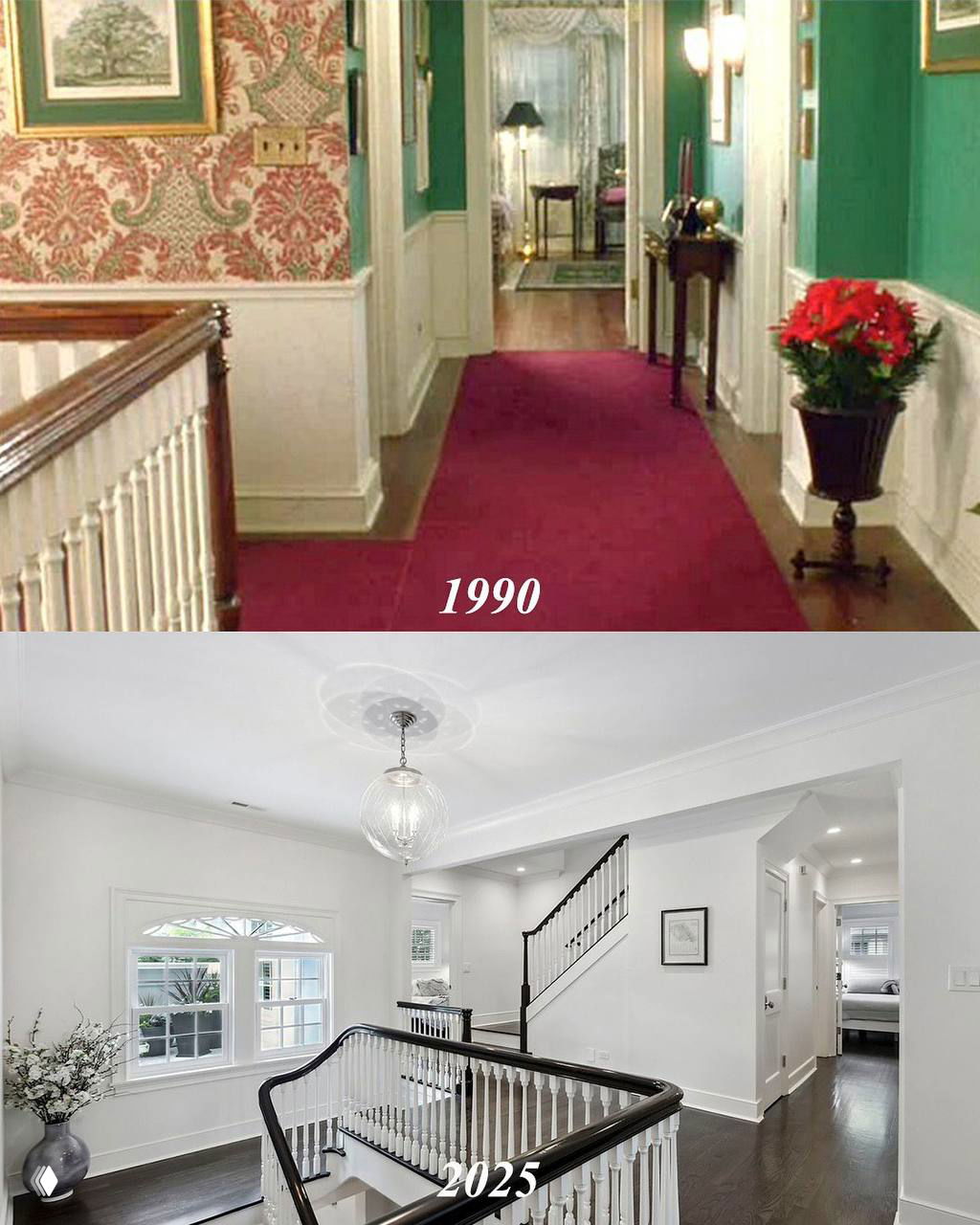 Внутренний коридор и лестничная зона: сцена из фильма 1990 года и обновлённый, светлый холл в 2025 году, показана значительная смена стиля интерьера.