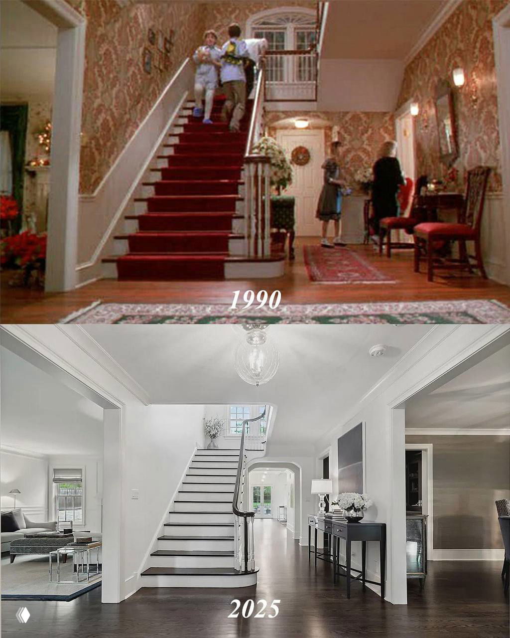 Парадная лестница и прихожая: сцена 1990 года с красным ковром и узорчатыми обоями и обновлённый холл 2025 года с белой отделкой и тёмным паркетом.