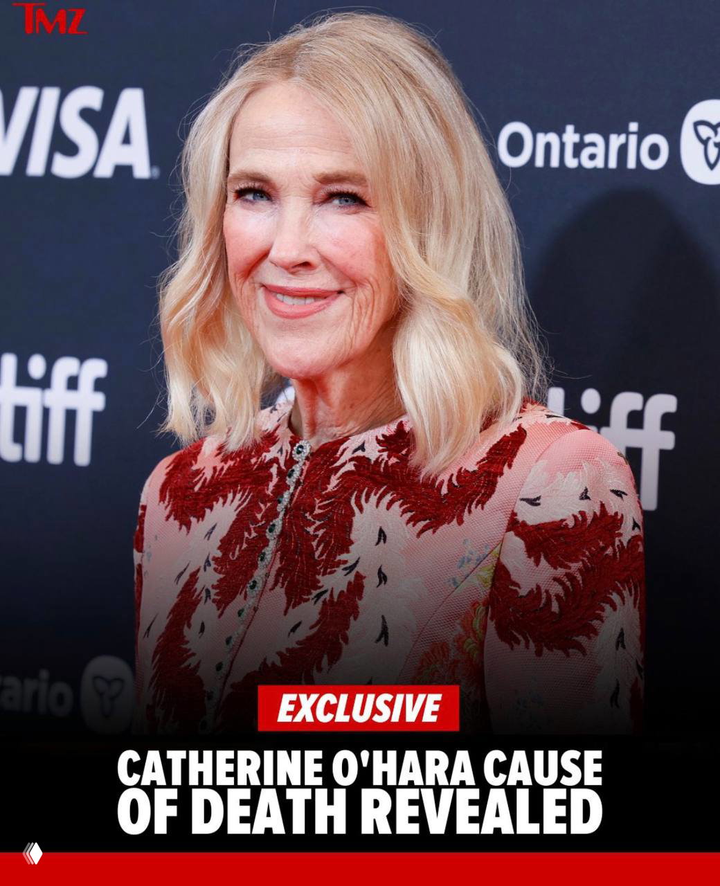 Портрет женщины на красной дорожке в ярком наряде; в углу виден логотип СМИ, кадр с премьеры, крупный план лица и причёски.