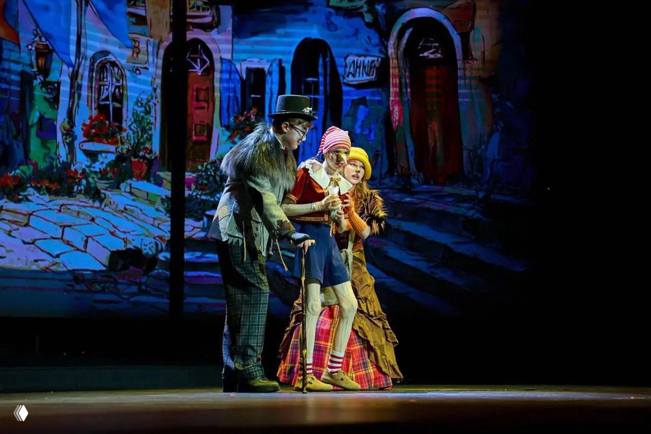 Сцена из спектакля «Буратино и Золотой ключик»: юные артисты в костюмах на красочном фоне театральной декорации.