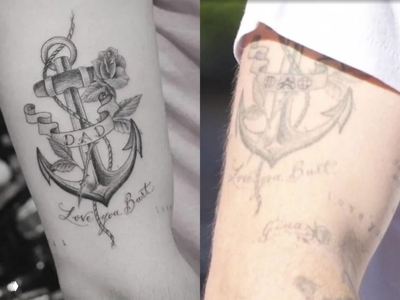 Два снимка татуировки на предплечье: слева яркий якорь с лентой и надписью «Dad», справа — побледневший или изменённый вариант с новыми символами.