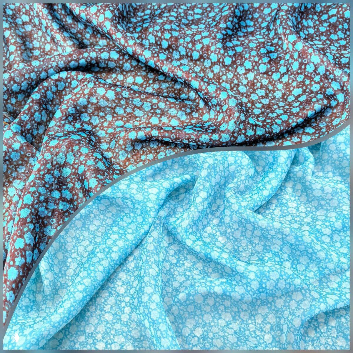 Двухцветная тонкая ткань с мелким цветочным принтом в коричнево-голубой гамме, показана мягкая драпировка и оборот ткани.