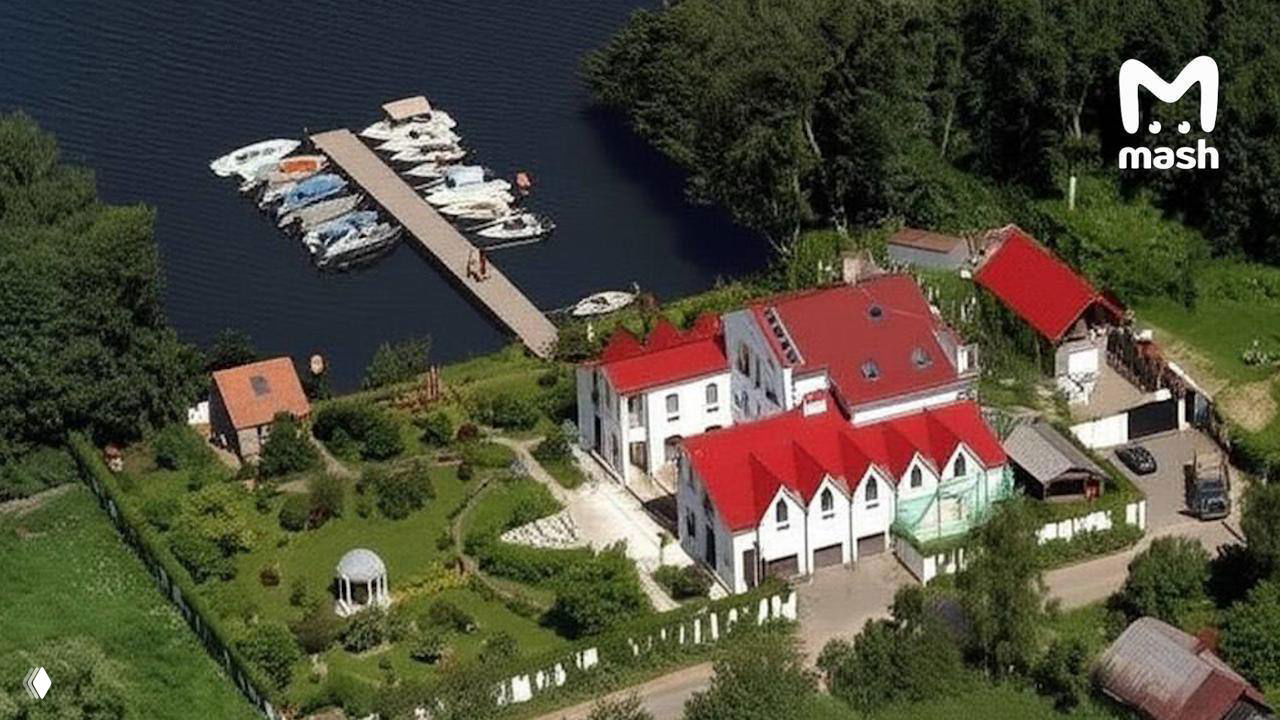 Аэрофотоснимок усадьбы у Истринского водохранилища с деревянным пирсом и пришвартованными катерами; вид сверху.