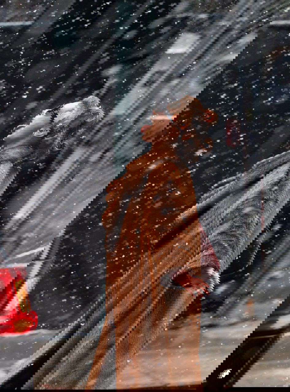 Женщина в коричневой шубе поднимает голову и ловит падающие снежинки в Нью‑Йорке; динамичный уличный кадр.