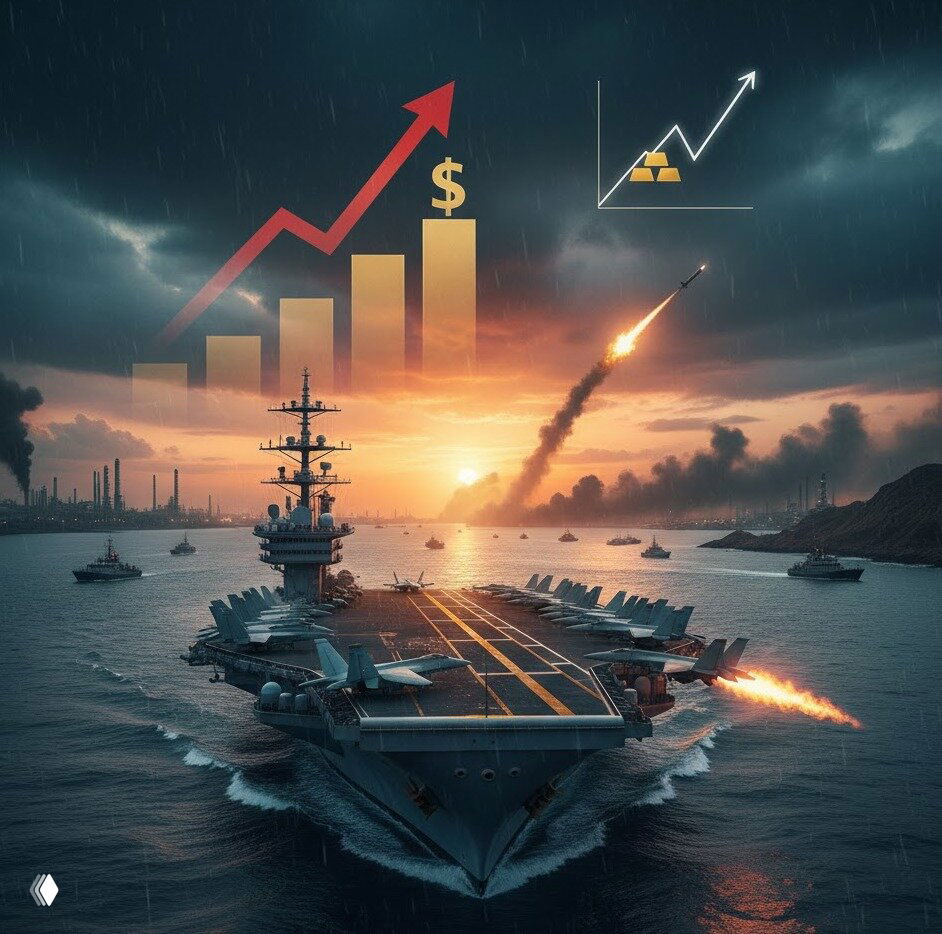 Иллюстрация: авианосец и военные корабли в Ормузском проливе на фоне заката, ракета в небе и график роста цен.
