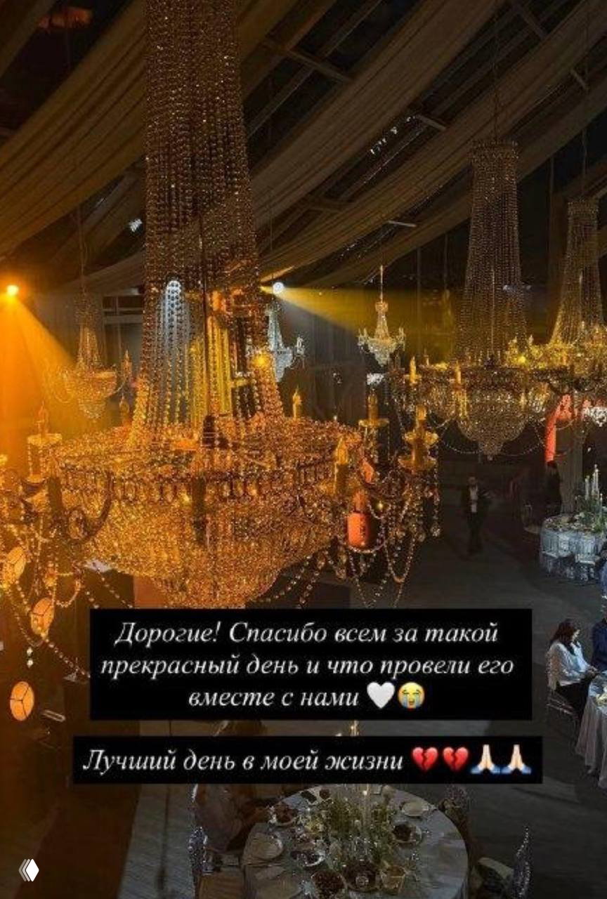 Банкетный зал с крупными хрустальными люстрами и тёплой подсветкой, сервированные столы и рассаженные гости под украшениями.