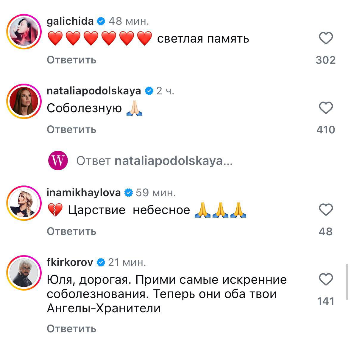 Скриншот комментариев в Instagram: Ида Галич и другие оставили сердечки и слова «светлая память», видны аватары и отметки времени.