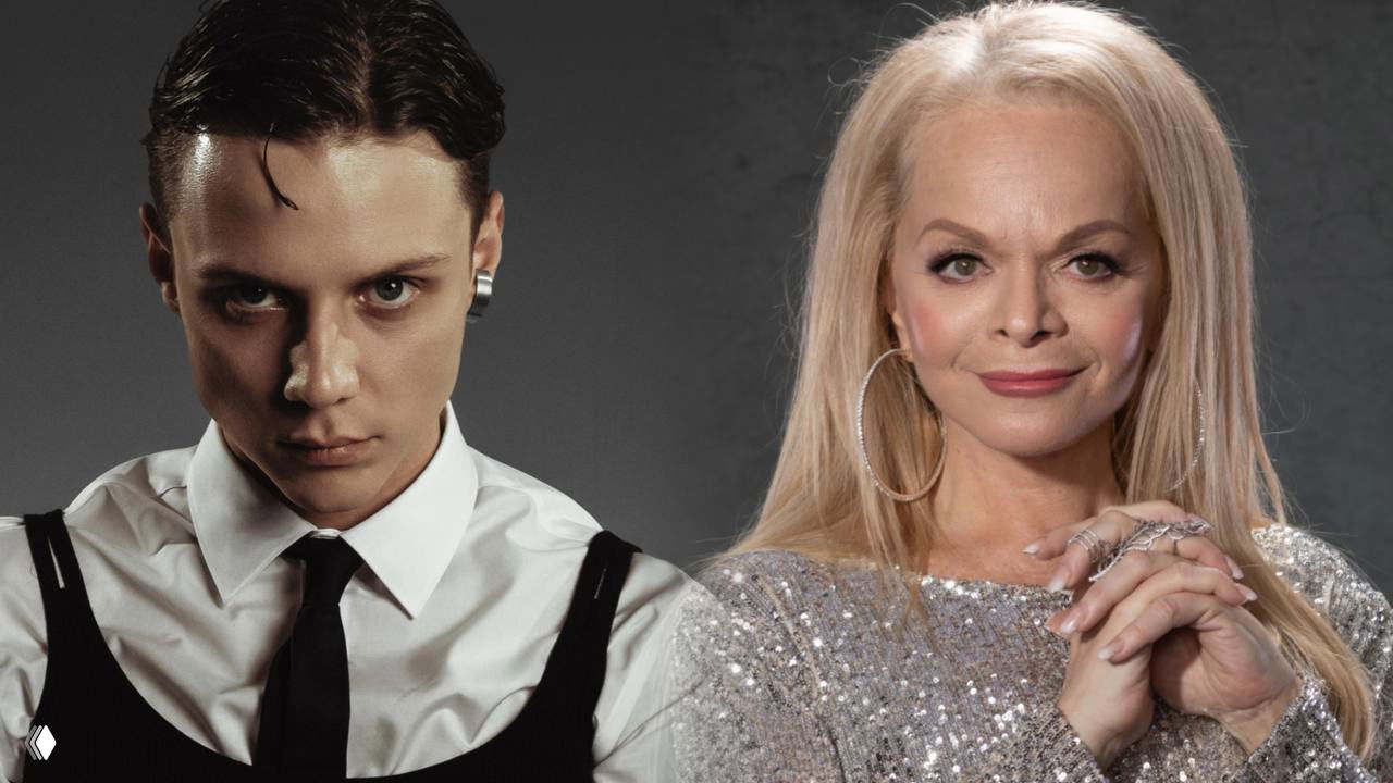 Коллаж: на тёмном фоне молодой мужчина в рубашке и галстуке слева и светловолосая женщина в блестящем наряде справа