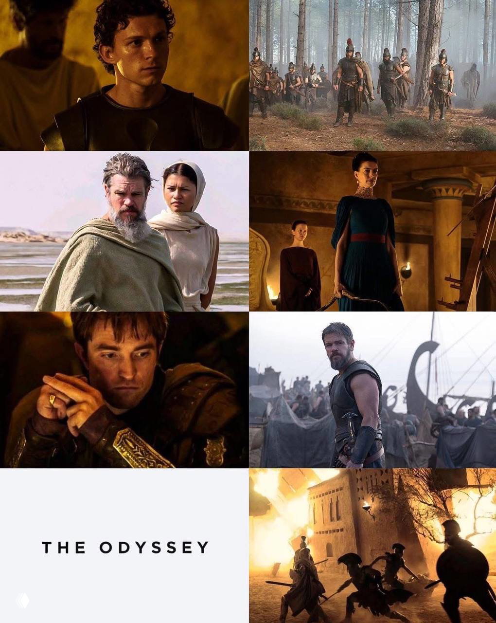 Коллаж кадров из фильма «The Odyssey»: сцены с молодыми и взрослыми героями, военные формирования в лесу, корабли и эпизоды с огнём и массовыми сценами.