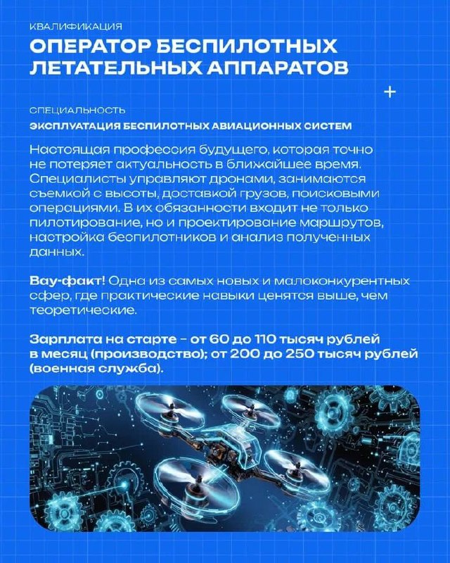 Синяя страница инфографики про оператора беспилотных летательных аппаратов: текст о дронах и иллюстрация квадрокоптера на фоне цифровых схем.