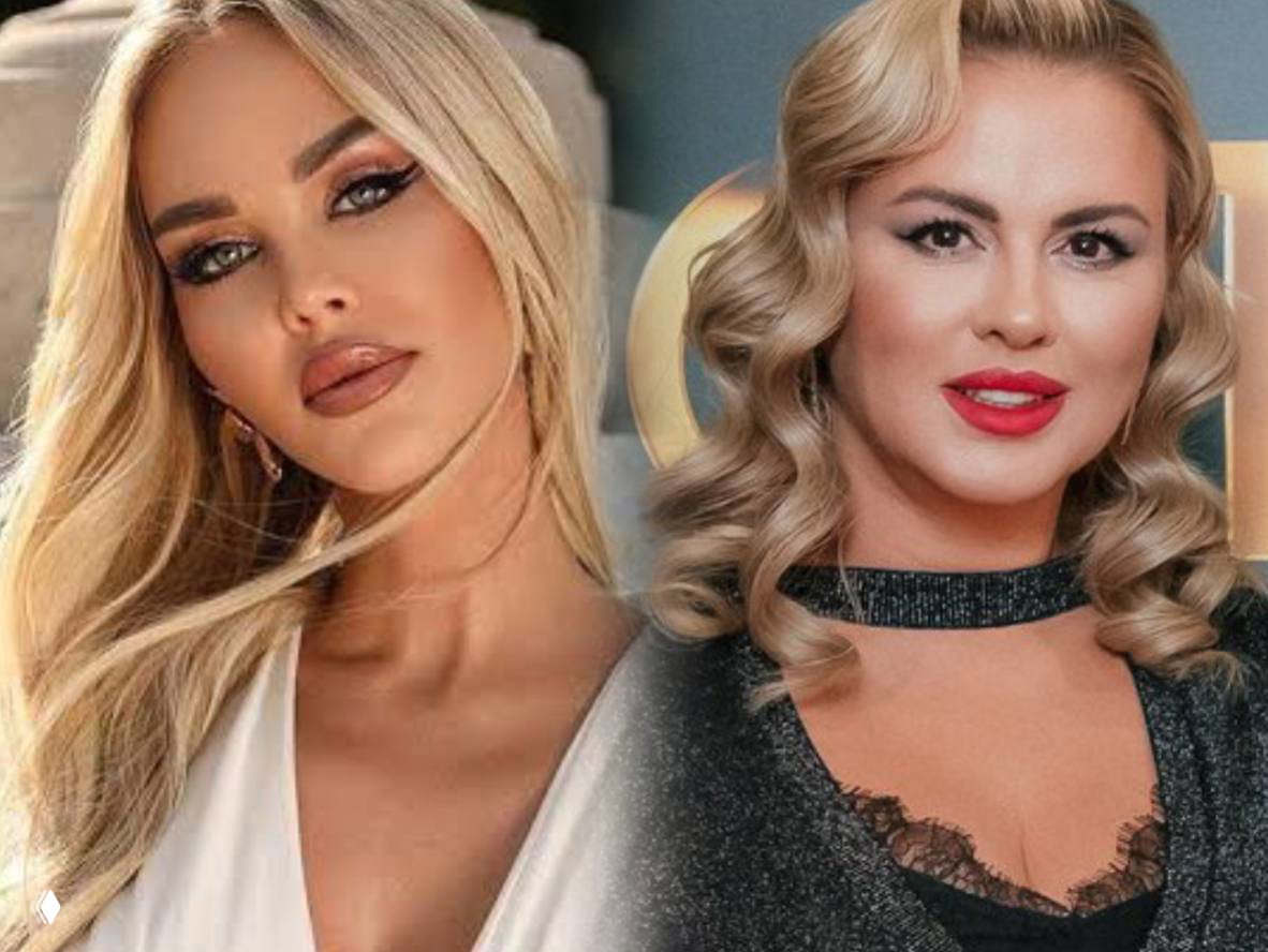 Коллаж с двумя крупными портретами женщин: светловолосая модель и женщина в вечернем образе на студийном фоне.