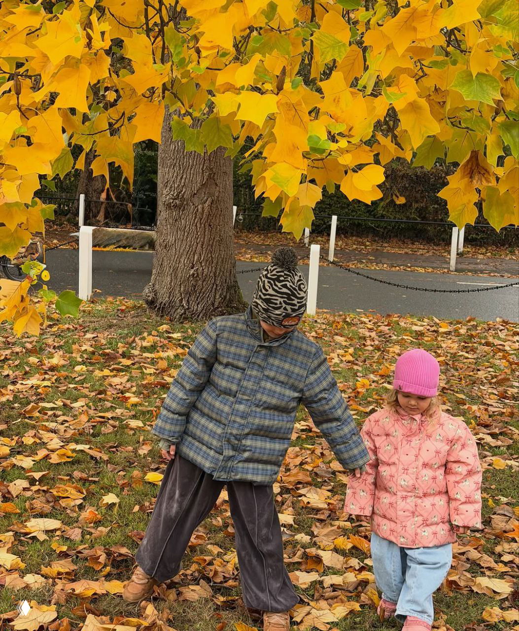 Два ребёнка гуляют по парку среди ярко-жёлтых опавших листьев под большим деревом; тёплые куртки и осенний пейзаж вокруг.