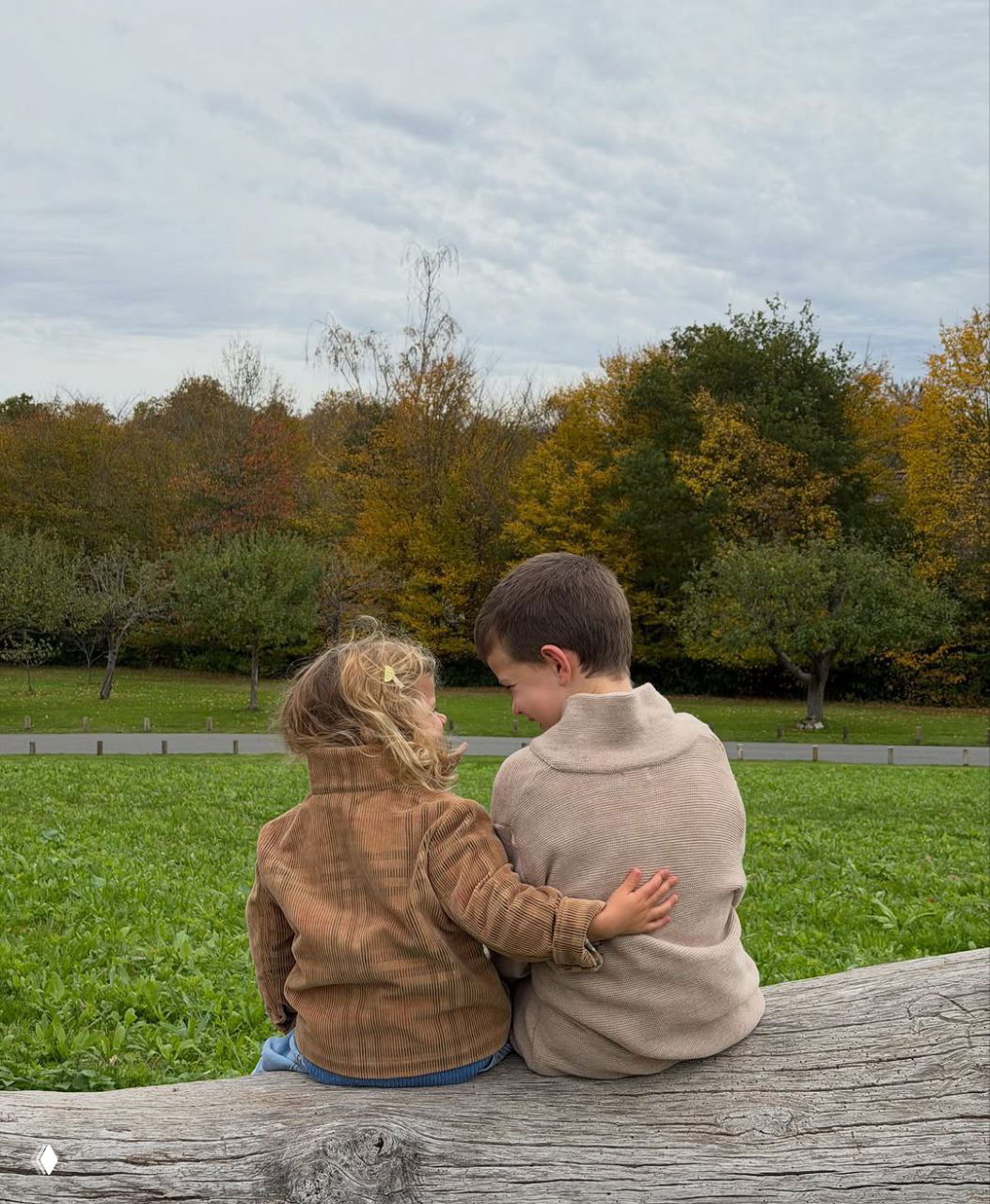Двое детей сидят на бревне в парке: тёплые куртки, зелёная лужайка и редеющие осенние деревья на заднем плане.
