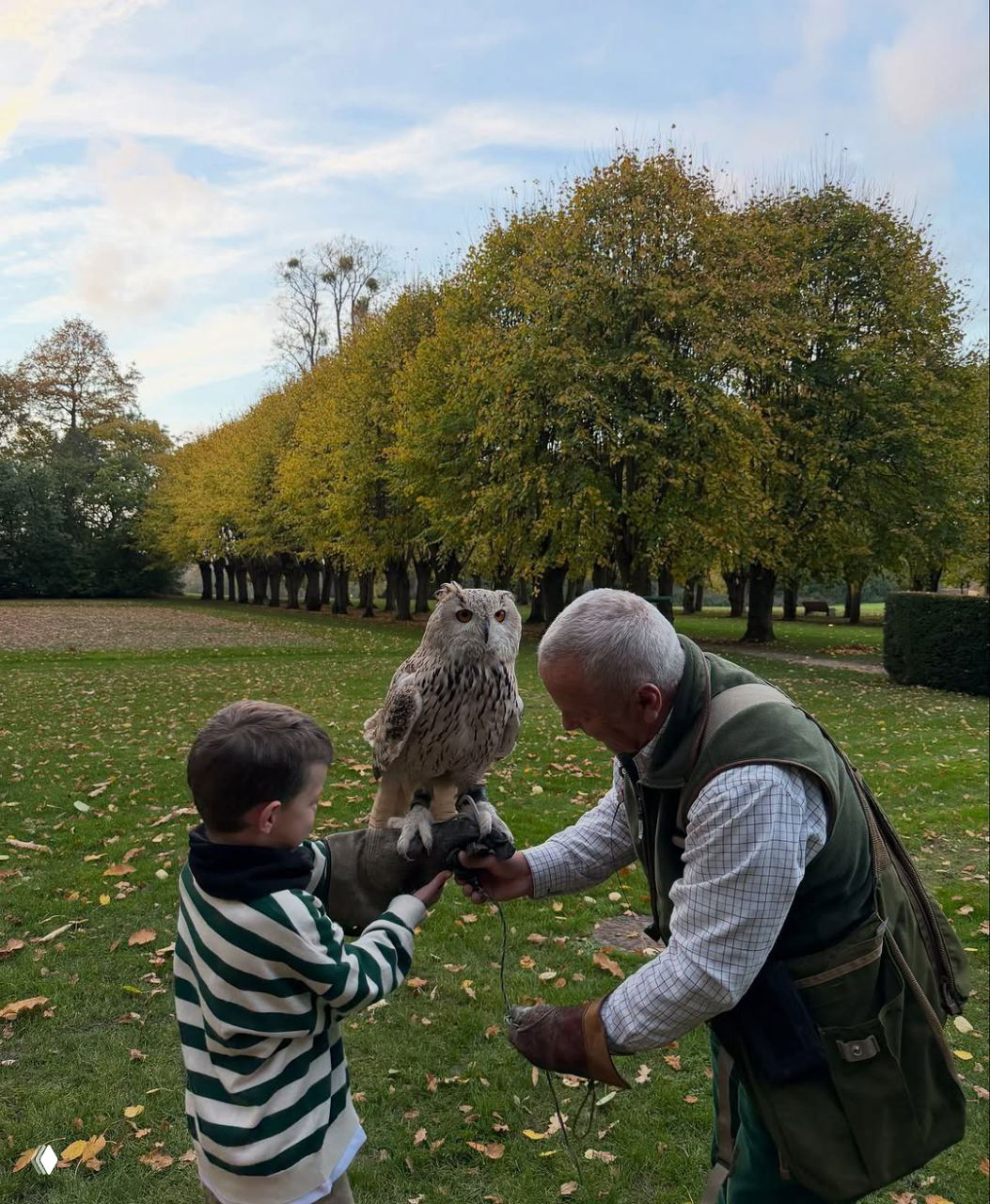 Мужчина помогает ребёнку держать большую сову на руке в имении с аллеей деревьев; сцена занятия с птицей и природный антураж осени.
