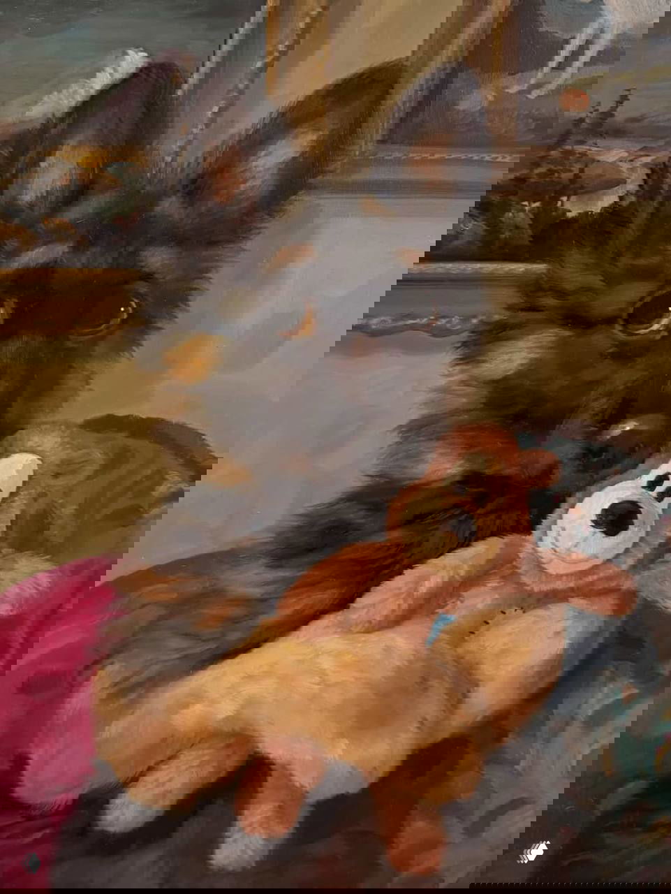 Изображение картины с овчаркой Салли, держащей игрушечного медвежонка; яркий художественный портрет с выразительными глазами.