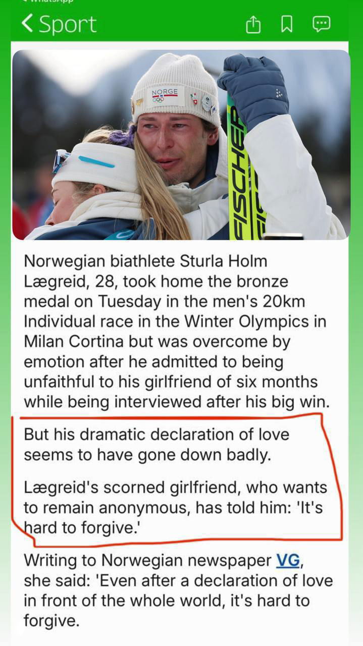 Скриншот новостной заметки: расстроенный человек обнимает женщину на фоне лыжного инвентаря, рядом виден фрагмент английского текста статьи с цитатой.