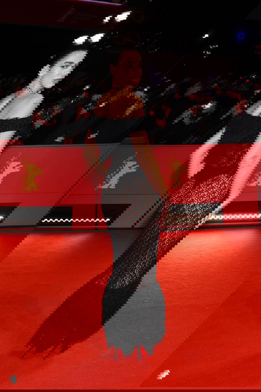 Вид со спины на певицу в прозрачном ажурном платье на красной дорожке Берлинале; видны силуэт платья и публики на заднем плане.