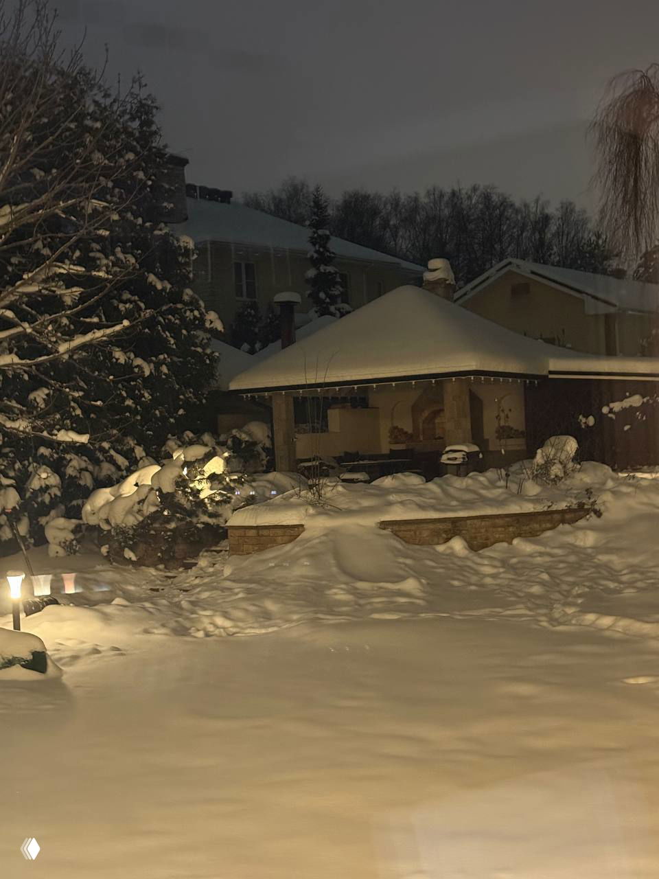 Ночной пейзаж загородного дома под снегом: двор, подсвеченные ели, заснеженная крыша и садовые фонари у особняка