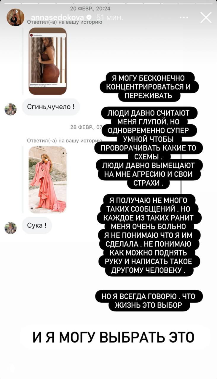 Скриншот переписки с оскорбительными сообщениями и ответами Анны Седоковой о том, что такие слова ранят и о выборе в жизни.